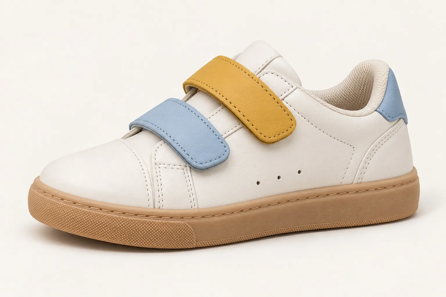Three-quarter view of an unbranded children's court sneaker concept with blue and mustard straps on a cream upper.